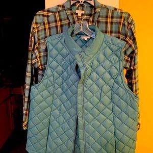 JJill plaid button up shirt and down vest.